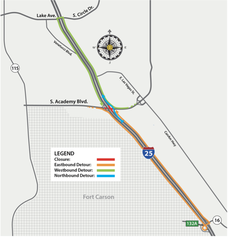Detour Map of East- and Westbound South Academy Boulevard on I25 detail image