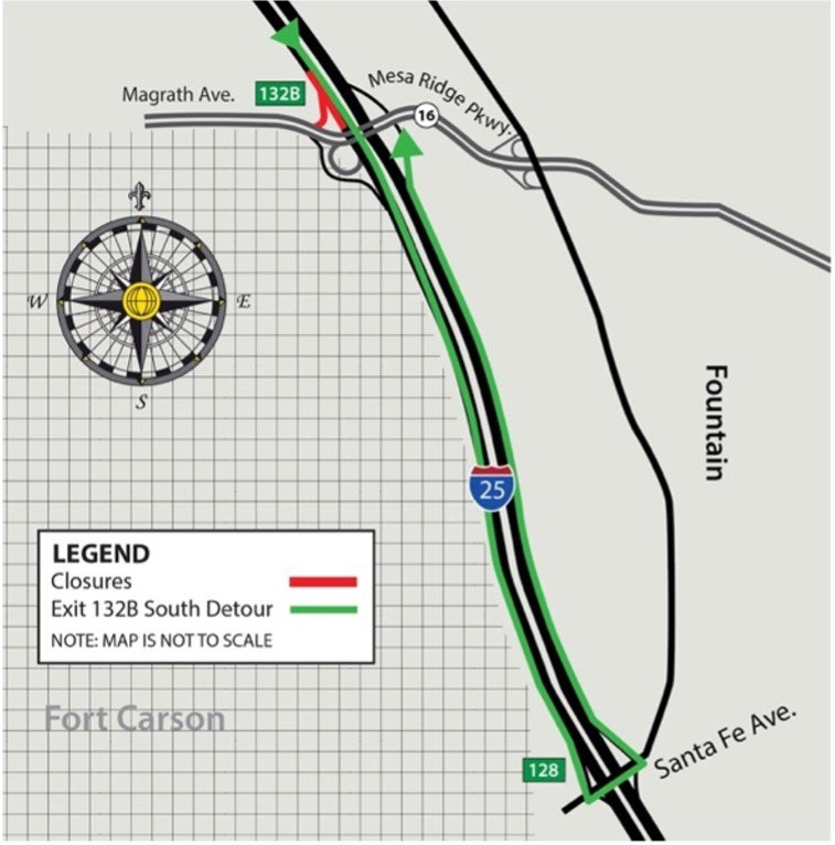 Detour map of I-25 Exit 132B to westbound Magrath Avenue (Mesa Ridge Parkway) 