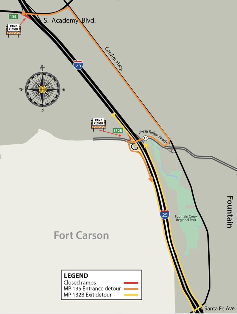 I-25 in Fort Carson detour map at Exit 132B to CanAm Highway.png ...