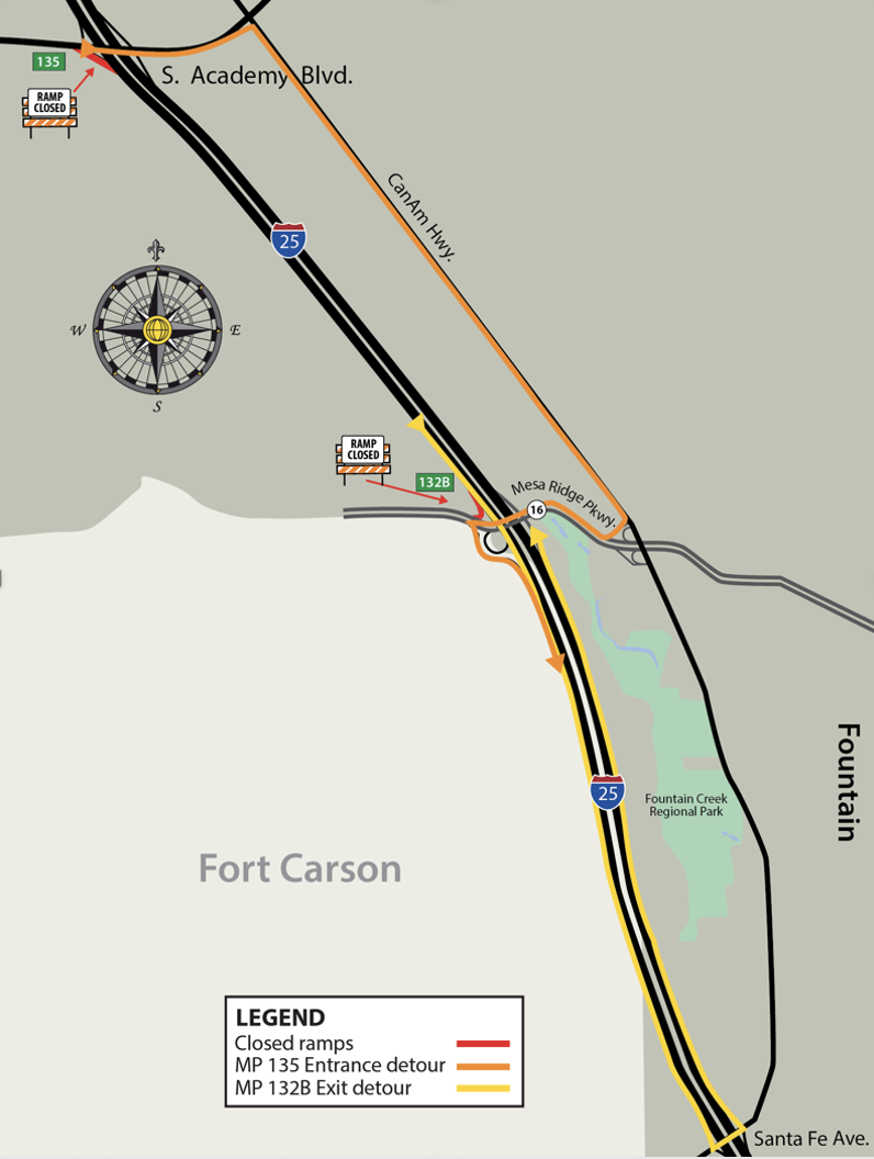 I-25 in Fort Carson detour map at Exit 132B to CanAm Highway.png detail image