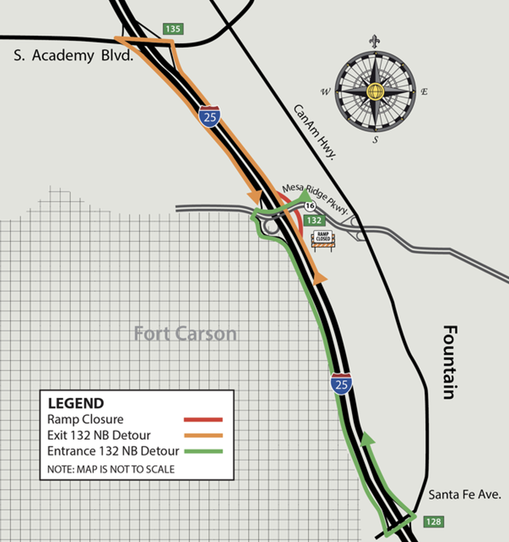Detour route for northbound I-25 ramp closures at Mesa Ridge Parkway and South Academy Boulevard.