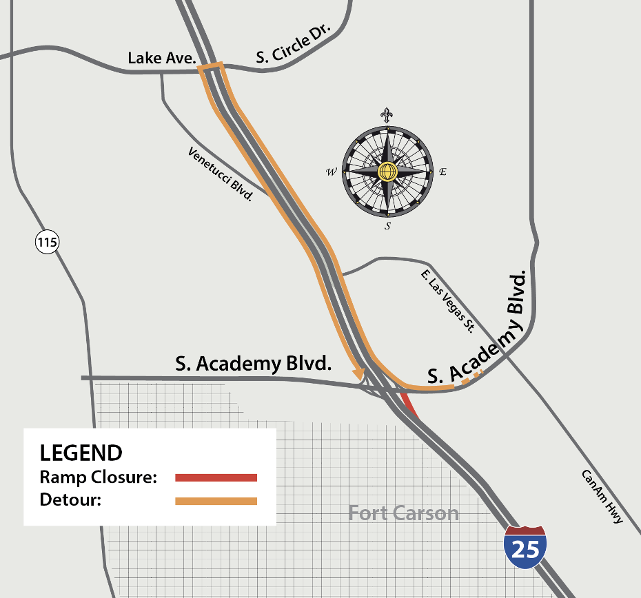 I-25 South Academy Boulevard off-ramp closure detour map.png detail image