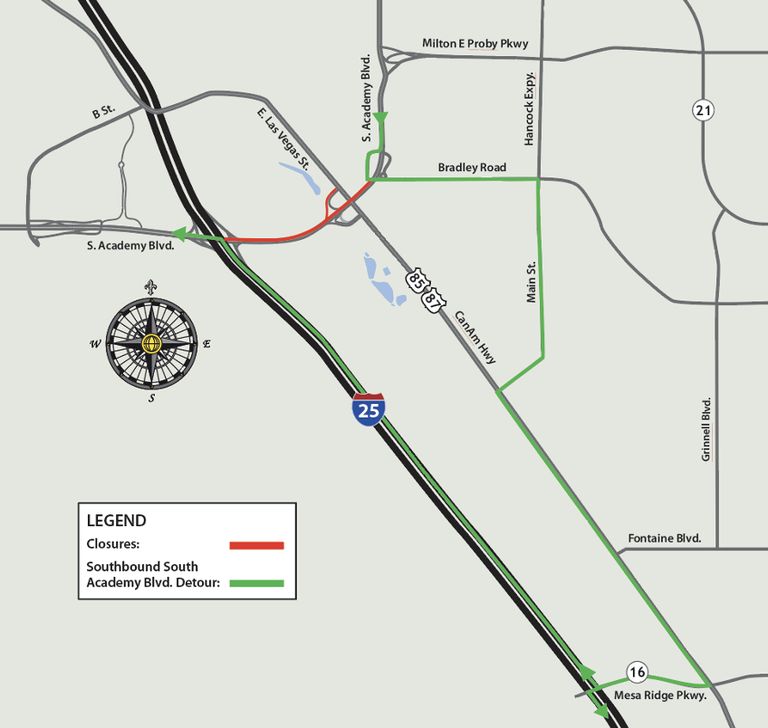 Detour map for southbound South Academy Boulevard lane closures between Bradley Road and I-25