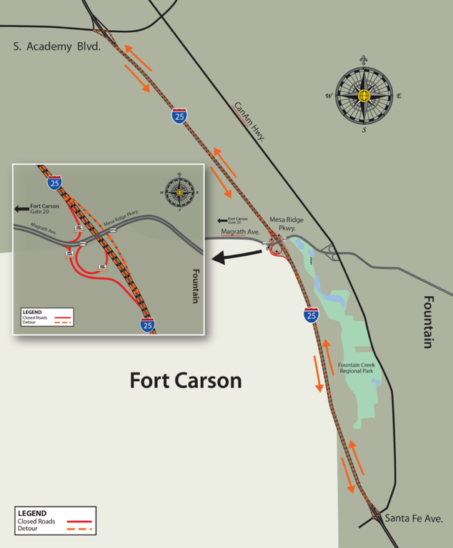 Map of I-25 between CO 16 and Santa Fe in Colorado Springs