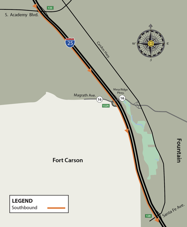 Traffic switch planned on southbound Interstate-25 between South Academy Boulevard and Colorado Highway 16