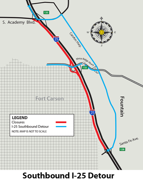 Map of Southbound I-25 Detour between Academy Boulevard and Santa Fe 07182025.png detail image