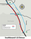Map of Southbound I-25 Detour between Academy Boulevard and Santa Fe 07182025.png thumbnail image