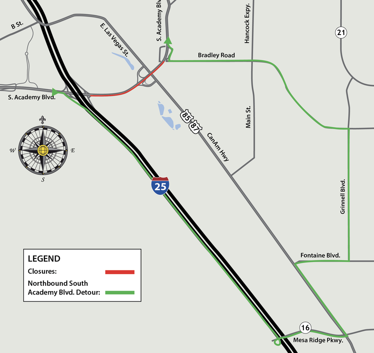Detour map for northbound South Academy Boulevard closures for week of Aug. 24 between I-25 and US 85/87 Detour map for northbound South Academy Boulevard closures for week of Aug. 24 between I-25 and US 85/87