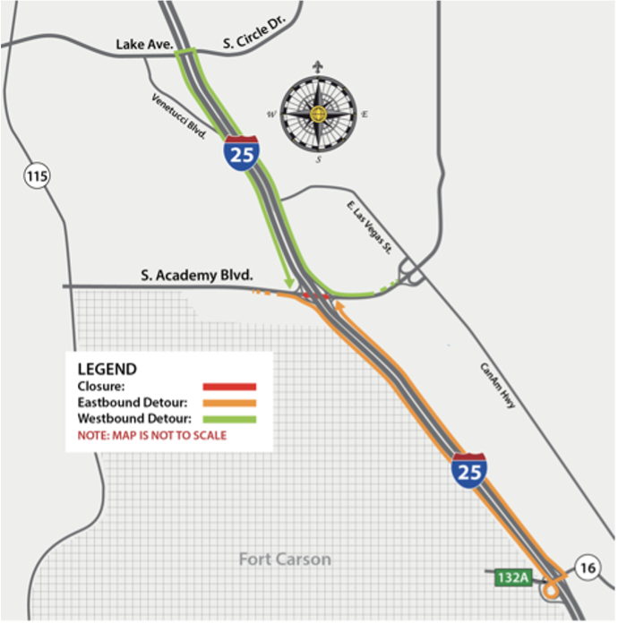 Map of Temporary Closure and Detour on Eastbound and Westbound South Academy Boulevard on I-25