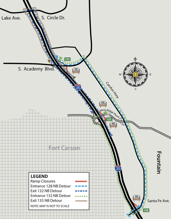Northbound I-25 detour map for the night of May 4, 2023
