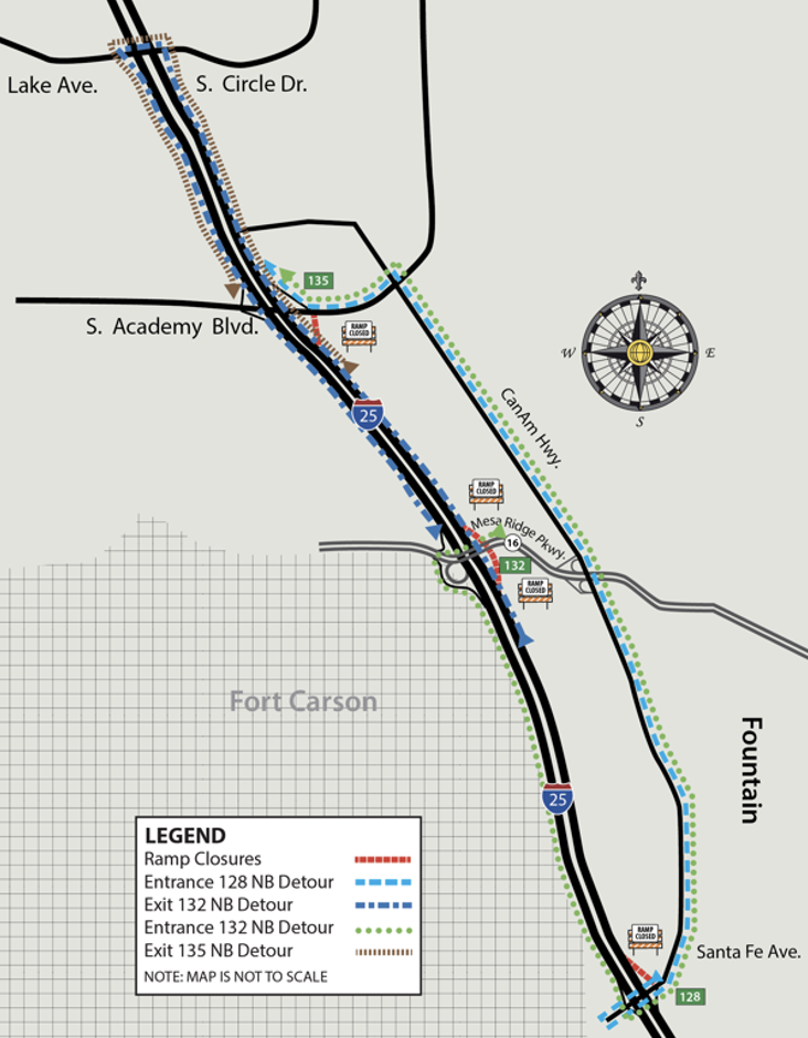 Northbound I-25 detour map for the night of May 4 2023.png detail image