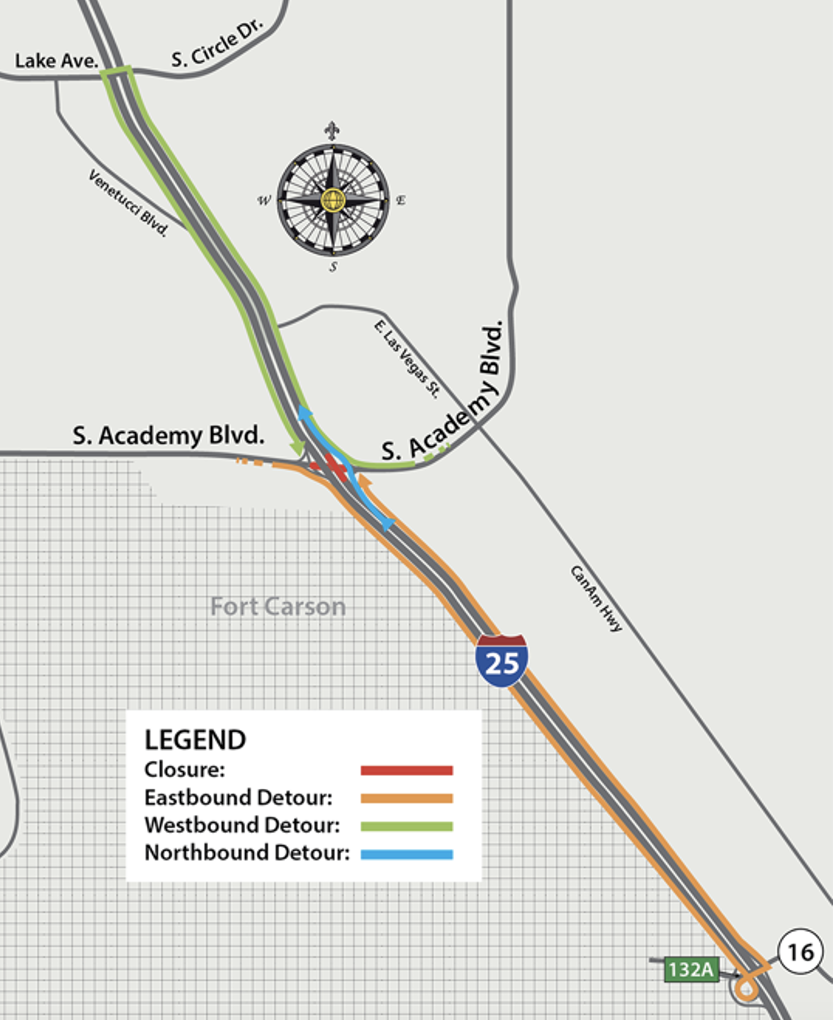 Northbound I-25 detour maps using on- and off-ramps at South Academy Boulevard detail image