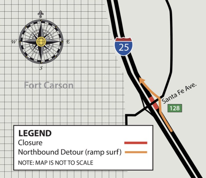 Northbound I-25 detour using on- and off ramps at Santa Fe Avenue map