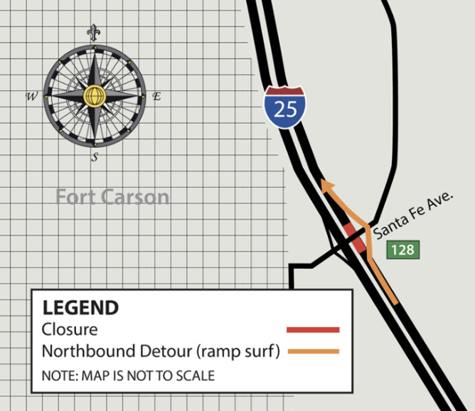 Northbound I-25 detour using on- and off ramps at Santa Fe Avenue map.jpg detail image