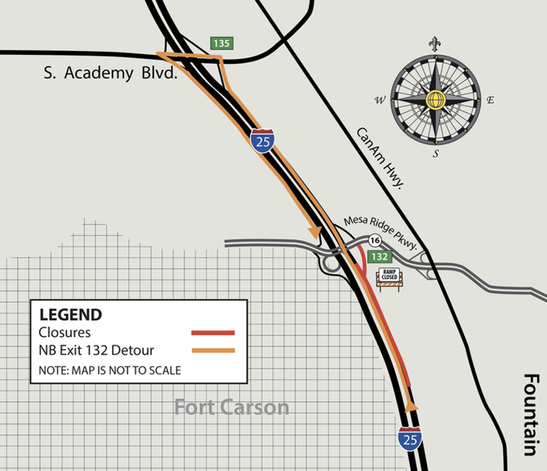 Northbound I-25 Exit 132 detour map