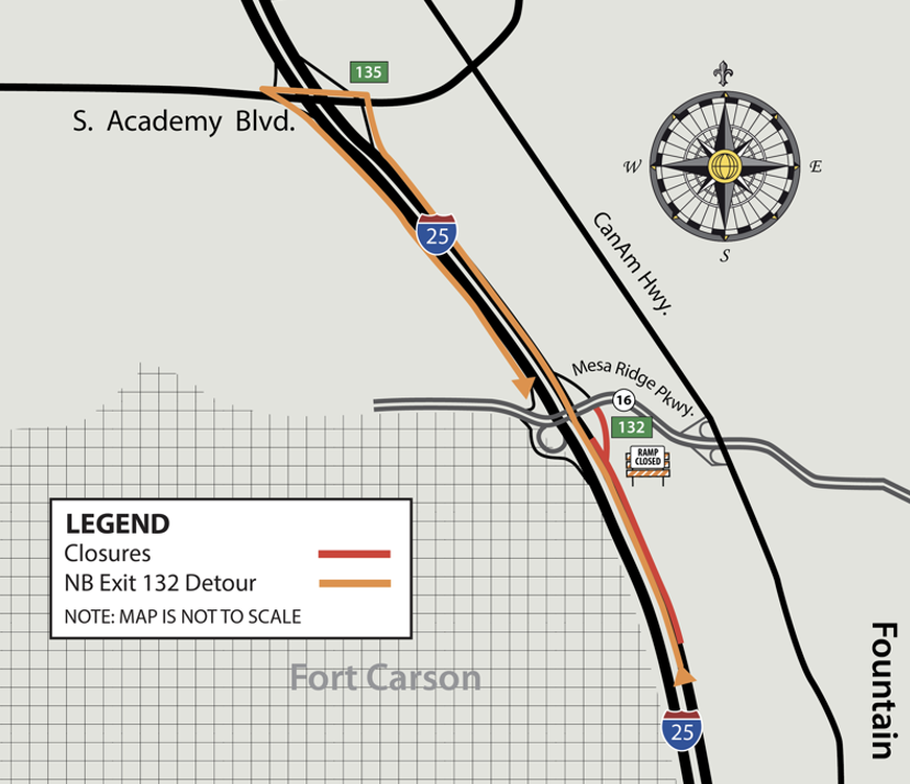 Northbound I-25 Exit 132 detour map.png detail image