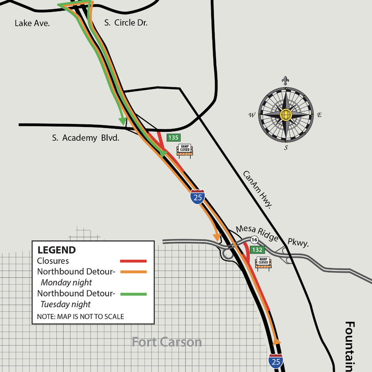 Northbound I-25 ramp closure detour routes