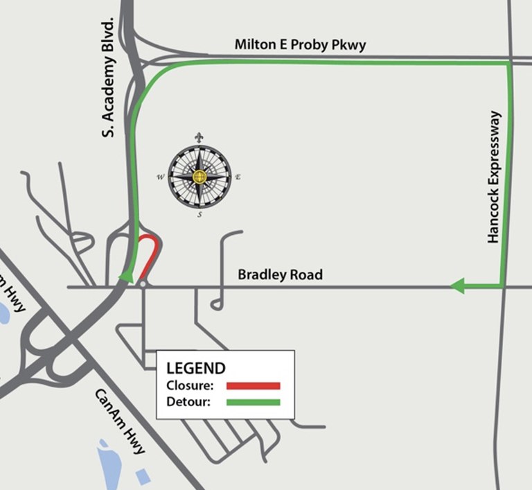 Northbound South Academy Boulevard off-ramp to Bradley Road detour