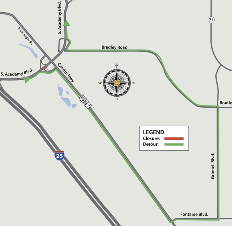 Northbound South Academy Boulevard traffic will exit to US 85/87 detour map