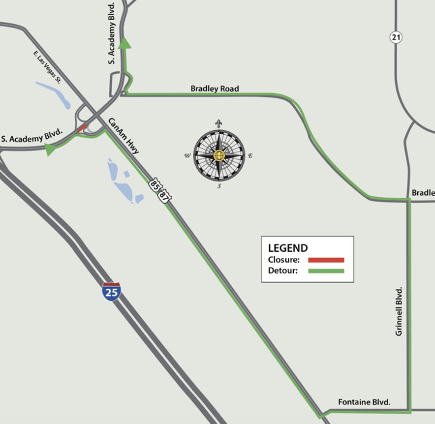 Northbound South Academy Boulevard traffic detour map for March 20 2024.jpg detail image