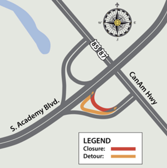 Shift to a new temporary on-ramp for drivers traveling from US 85 87 to enter northbound South Academy Boulevard map location.jpg detail image