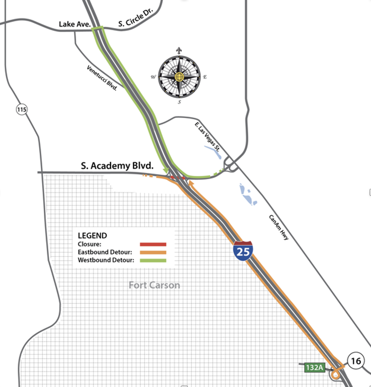 South Academy Boulevard closure - detour map