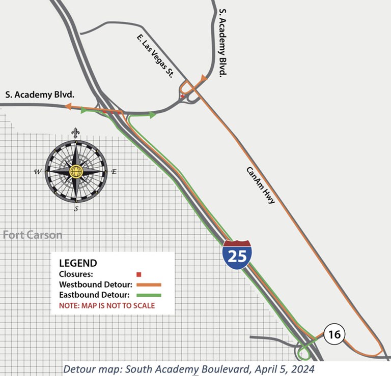 South Academy Boulevard Detour Map for April 5 2024
