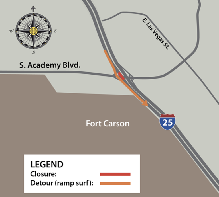 Southbound I-25 detour map using southbound on- and off-ramps