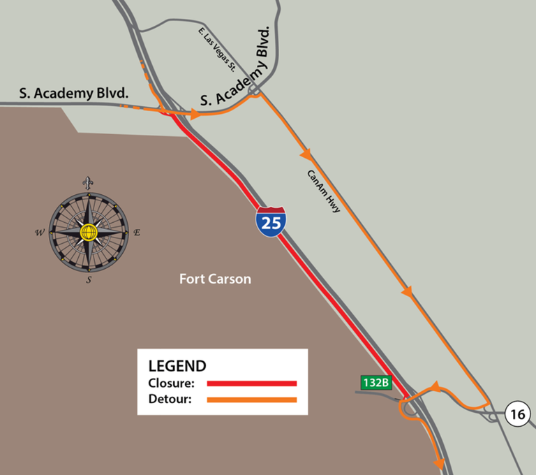 Southbound I-25 traffic detour map near Fort Carson at Exit 135 to eastbound South Academy Blvd 031023