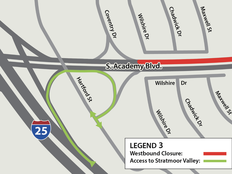 Traffic needing to access the Stratmoor Valley neighborhood shall use northbound I-25 and exit South Academy Boulevard continue east and exit at Hartford Street to enter neighborhood.