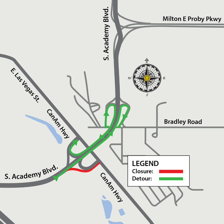 Detour for the full closure of US 85/87 off-ramp from northbound South Academy Boulevard