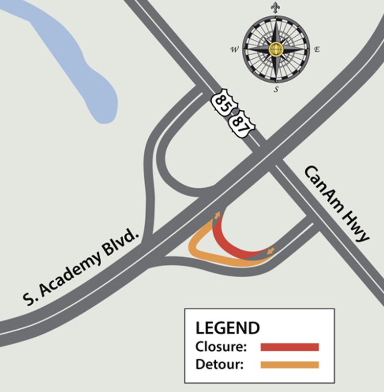US 85/US 87 to northbound South Academy Boulevard ongoing on-ramp closure and shift to temporary on-ramp map