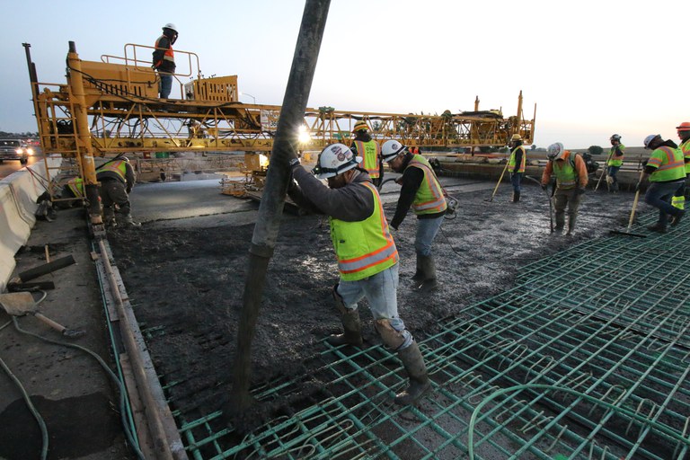 Construction crews doing a deck pour on the Great Western Railroad aerial view