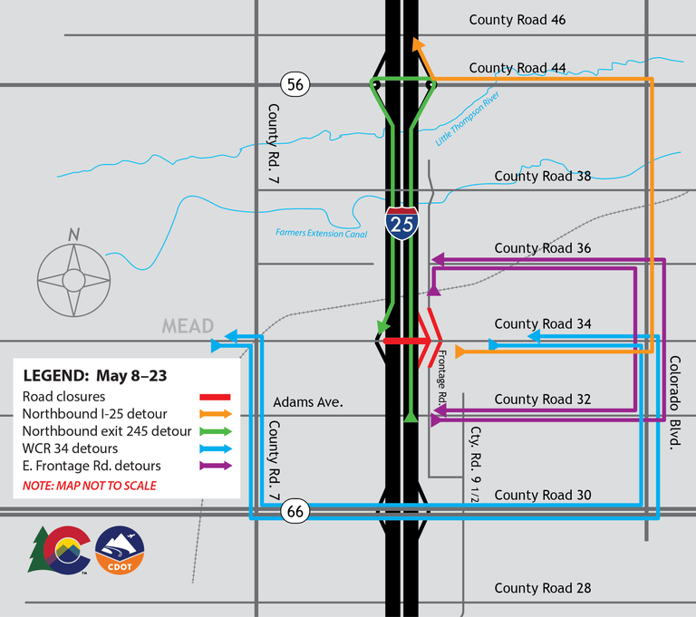 Closure map showing Weld County Road 34 and Weld County Road 34 I-25 on- and off-ramp Closure map showing Weld County Road 34 and Weld County Road 34 I-25 on- and off-ramp closures.