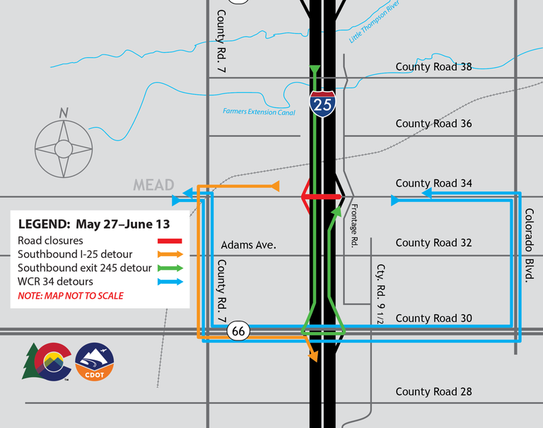 Map of detour routes for May 27 to June 13 Closure map showing Weld County Road 34 and Weld County Road 34 I-25 on- and off-ramp closures.