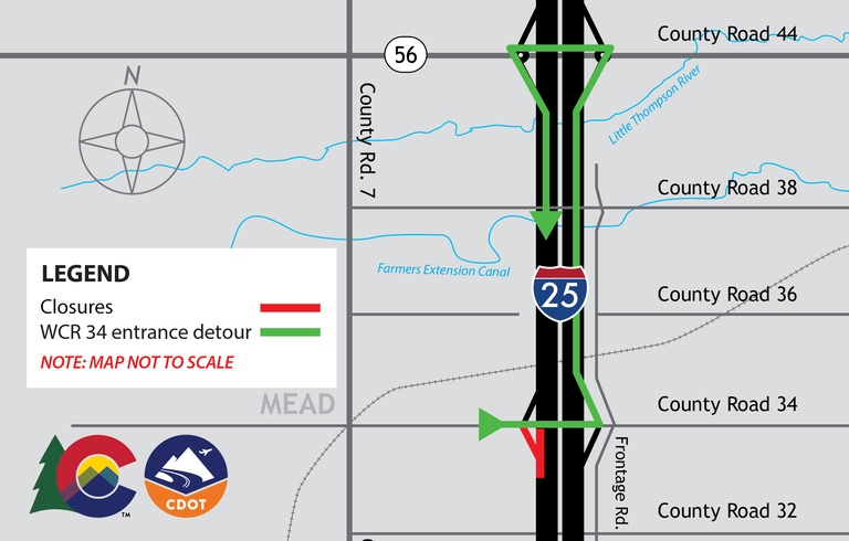 Southbound I-25 On Ramp lane closure WCR 34 map 