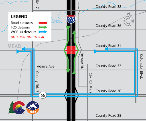 WCR 34 I-25 North Express Lanes Closure Map 3/15