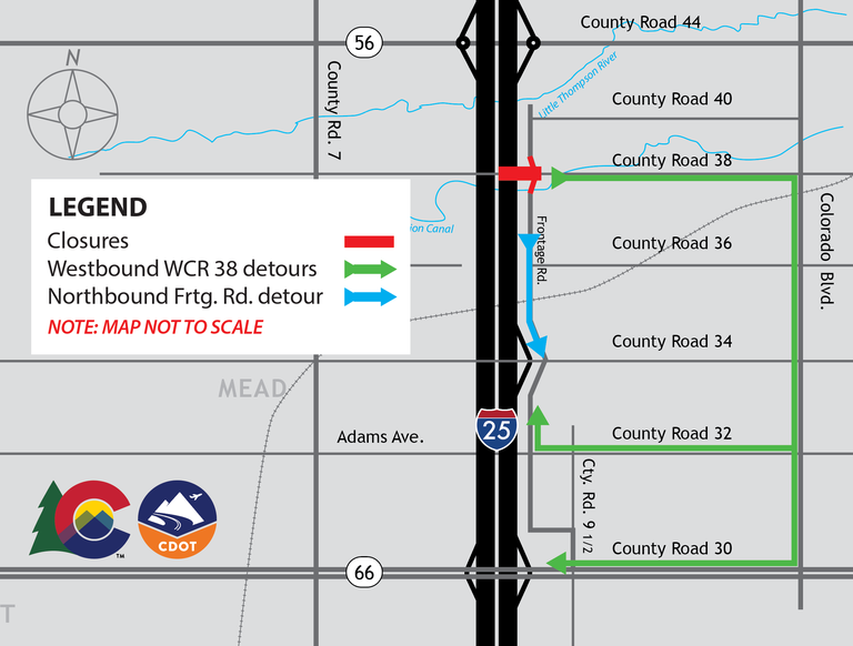 WCR 38 I-25 North Express Lanes Full Closure Map 