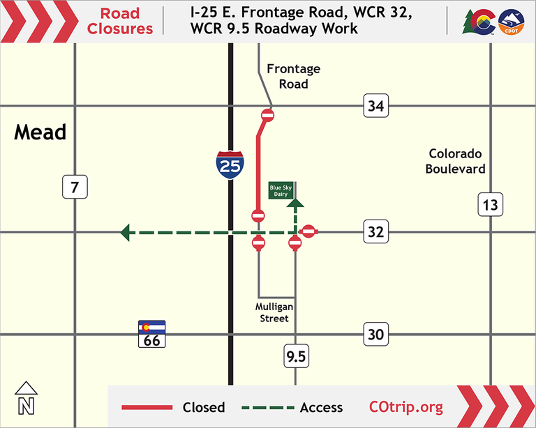 WCR 32 Frontage Road Closure map June 18 2026