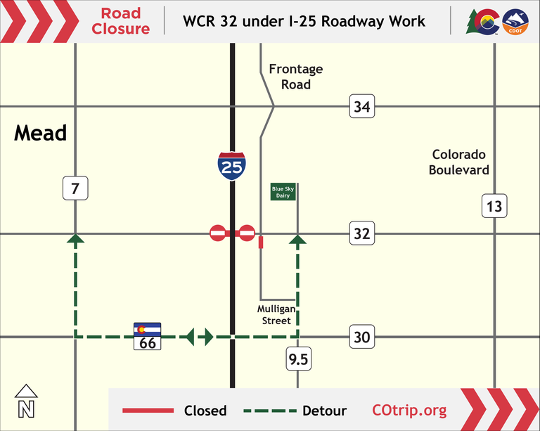 WCR 32 Frontage Road Closure map May 2026