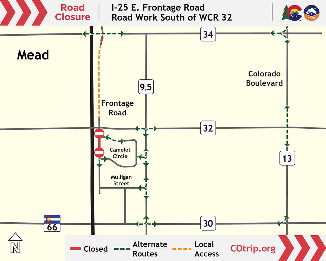 I-25 North Express Lanes Frontage road closure at WCR 32 map October 2026.png detail image