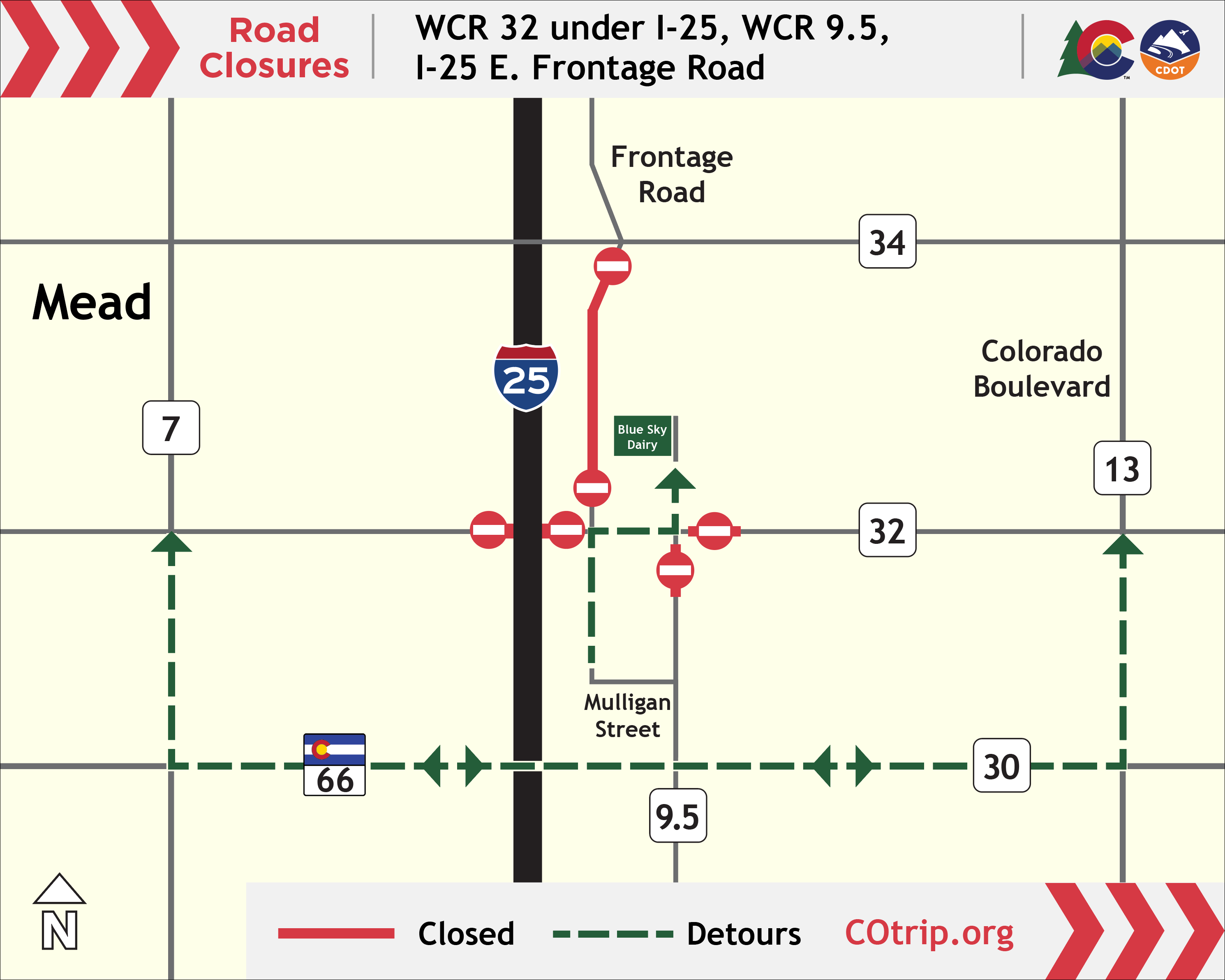 I-25 North Express Lanes WCR32 road closure map 22May2026.png detail image