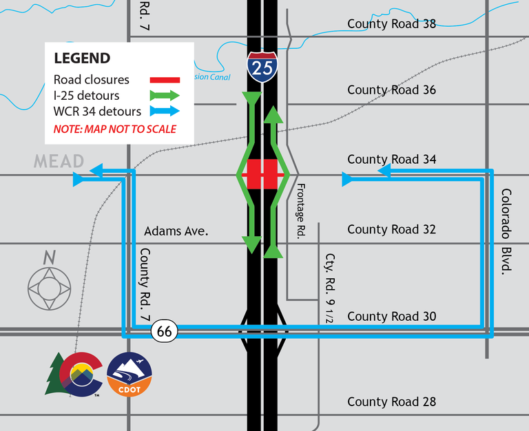 Detour map for I-25 closure at WCR 34 Detour map for I-25 closure at WCR 34