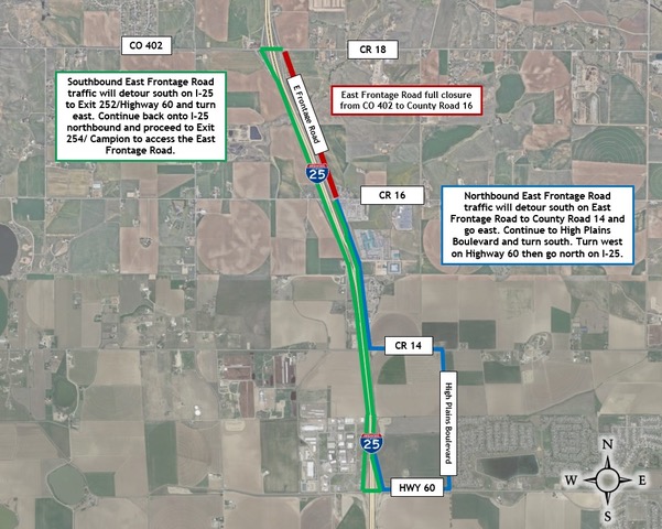 East Frontage Road Closure Map with Segment 5 & 6 Detours detail image