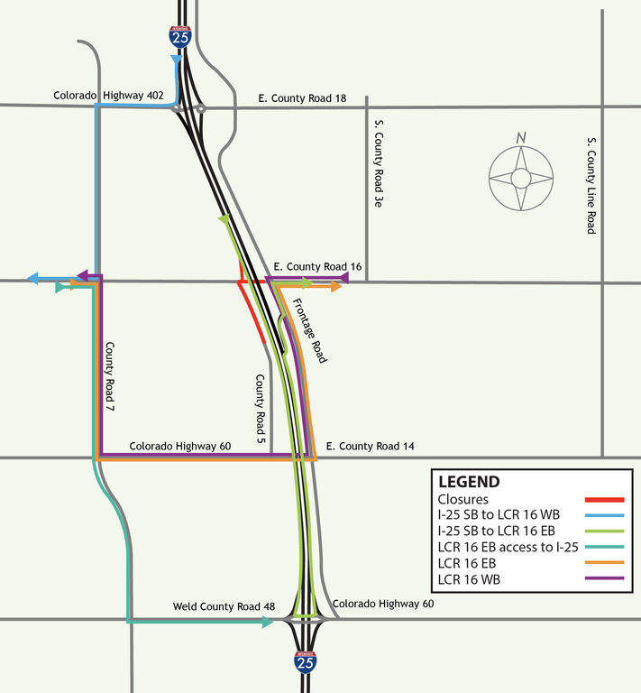 I-25 North Express Lanes project detour map for closure at Larimer County Road 16 under I-25