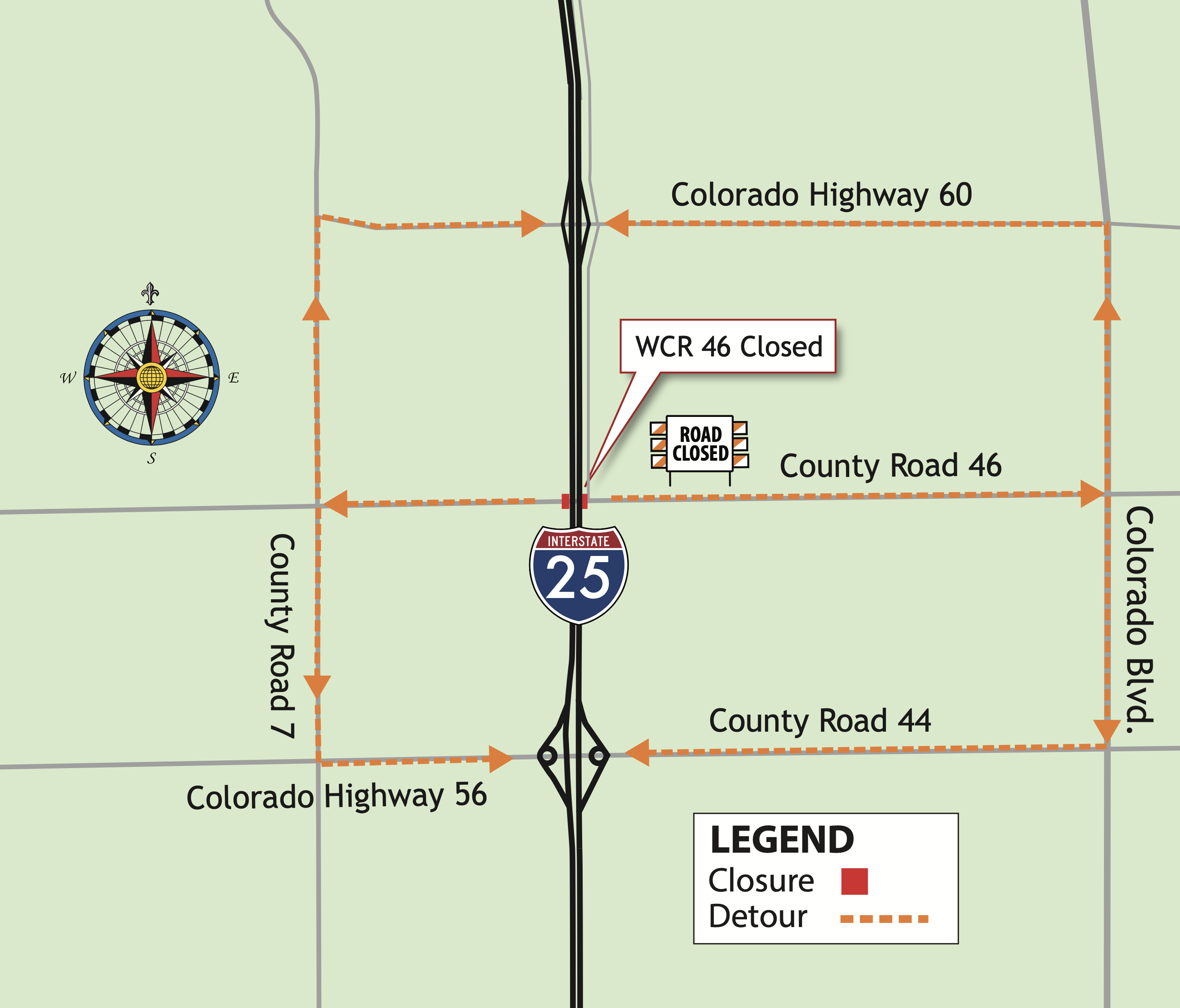I-25 North Express Lanes Project will temporarily close Weld County Road 46 under I-25 project map.png detail image