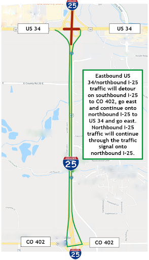 Eastbound US 34: northbound I-25 traffic from the west side of I-25 map.png detail image