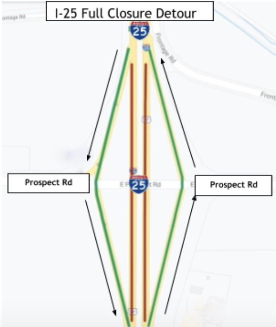 I-25 Full Closure Detour map detail image