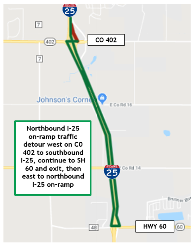 Northbound I-25 on-ramp from CO 402 full closure detour map.png detail image