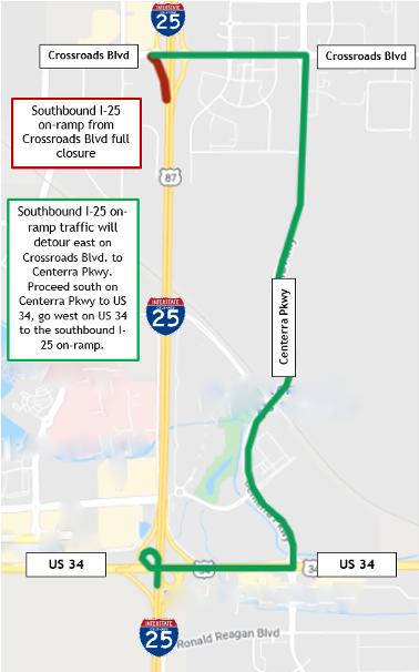 Southbound I-25 on-ramp from Crossroads Boulevard nighttime full closure detour map .png detail image